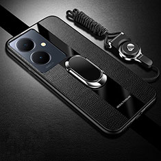 Ultra-thin Silicone Gel Soft Case Cover with Magnetic Finger Ring Stand S01 for Vivo Y78 5G Black