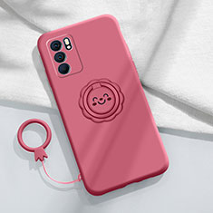 Ultra-thin Silicone Gel Soft Case Cover with Magnetic Finger Ring Stand S02 for Oppo Reno6 5G Hot Pink