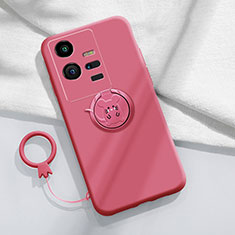 Ultra-thin Silicone Gel Soft Case Cover with Magnetic Finger Ring Stand S02 for Vivo iQOO 11 5G Hot Pink