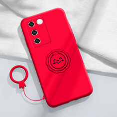 Ultra-thin Silicone Gel Soft Case Cover with Magnetic Finger Ring Stand S02 for Vivo V27 5G Red