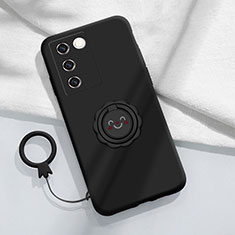 Ultra-thin Silicone Gel Soft Case Cover with Magnetic Finger Ring Stand S02 for Vivo V27 Pro 5G Black