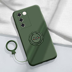 Ultra-thin Silicone Gel Soft Case Cover with Magnetic Finger Ring Stand S02 for Vivo V27 Pro 5G Midnight Green