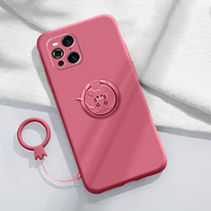 Ultra-thin Silicone Gel Soft Case Cover with Magnetic Finger Ring Stand S03 for Oppo Find X3 5G Hot Pink