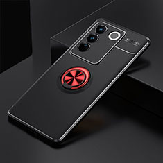 Ultra-thin Silicone Gel Soft Case Cover with Magnetic Finger Ring Stand SD2 for Vivo V27 5G Red and Black