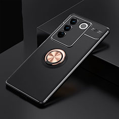 Ultra-thin Silicone Gel Soft Case Cover with Magnetic Finger Ring Stand SD2 for Vivo V27 Pro 5G Gold and Black