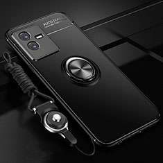 Ultra-thin Silicone Gel Soft Case Cover with Magnetic Finger Ring Stand SD3 for Vivo T2x 5G Black