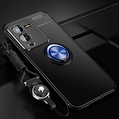 Ultra-thin Silicone Gel Soft Case Cover with Magnetic Finger Ring Stand SD3 for Vivo V25 Pro 5G Blue and Black