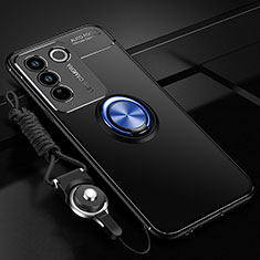 Ultra-thin Silicone Gel Soft Case Cover with Magnetic Finger Ring Stand SD3 for Vivo V27 5G Blue and Black