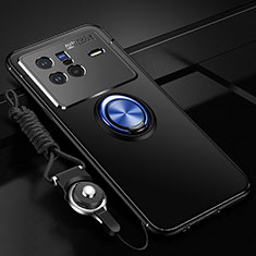 Ultra-thin Silicone Gel Soft Case Cover with Magnetic Finger Ring Stand SD3 for Vivo X80 5G Blue and Black
