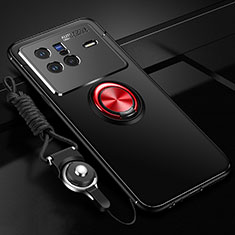 Ultra-thin Silicone Gel Soft Case Cover with Magnetic Finger Ring Stand SD3 for Vivo X80 5G Red and Black