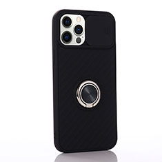Ultra-thin Silicone Gel Soft Case Cover with Magnetic Finger Ring Stand T01 for Apple iPhone 12 Pro Black