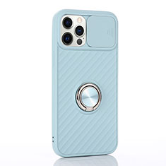 Ultra-thin Silicone Gel Soft Case Cover with Magnetic Finger Ring Stand T01 for Apple iPhone 12 Pro Mint Blue