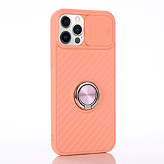 Ultra-thin Silicone Gel Soft Case Cover with Magnetic Finger Ring Stand T01 for Apple iPhone 12 Pro Orange