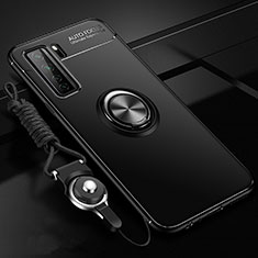 Ultra-thin Silicone Gel Soft Case Cover with Magnetic Finger Ring Stand T01 for Huawei P40 Lite 5G Black