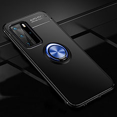 Ultra-thin Silicone Gel Soft Case Cover with Magnetic Finger Ring Stand T01 for Huawei P40 Pro Blue and Black