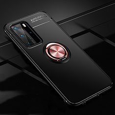 Ultra-thin Silicone Gel Soft Case Cover with Magnetic Finger Ring Stand T01 for Huawei P40 Pro Gold and Black
