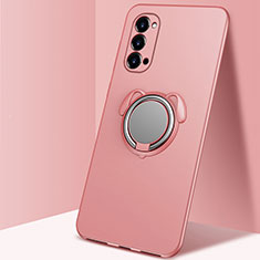 Ultra-thin Silicone Gel Soft Case Cover with Magnetic Finger Ring Stand T01 for Oppo Reno4 Pro 5G Rose Gold