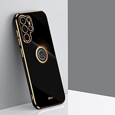 Ultra-thin Silicone Gel Soft Case Cover with Magnetic Finger Ring Stand T01 for Samsung Galaxy S23 Ultra 5G Black