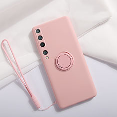 Ultra-thin Silicone Gel Soft Case Cover with Magnetic Finger Ring Stand T01 for Xiaomi Mi 10 Pink
