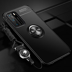 Ultra-thin Silicone Gel Soft Case Cover with Magnetic Finger Ring Stand T02 for Huawei P40 Black