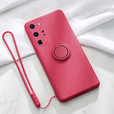 Ultra-thin Silicone Gel Soft Case Cover with Magnetic Finger Ring Stand T02 for Huawei P40 Pro Red Wine