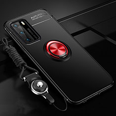 Ultra-thin Silicone Gel Soft Case Cover with Magnetic Finger Ring Stand T02 for Huawei P40 Red and Black