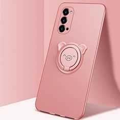 Ultra-thin Silicone Gel Soft Case Cover with Magnetic Finger Ring Stand T02 for Oppo Reno4 Pro 5G Rose Gold