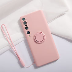 Ultra-thin Silicone Gel Soft Case Cover with Magnetic Finger Ring Stand T02 for Xiaomi Mi 10 Pro Pink