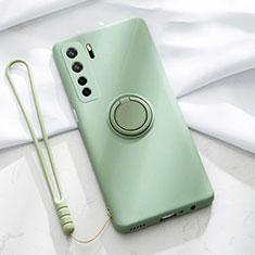 Ultra-thin Silicone Gel Soft Case Cover with Magnetic Finger Ring Stand T03 for Huawei Nova 7 SE 5G Cyan