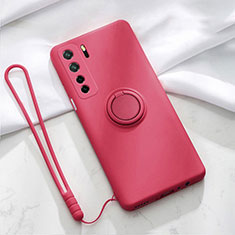 Ultra-thin Silicone Gel Soft Case Cover with Magnetic Finger Ring Stand T03 for Huawei Nova 7 SE 5G Red Wine