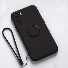 Ultra-thin Silicone Gel Soft Case Cover with Magnetic Finger Ring Stand T03 for Oppo F15 Black