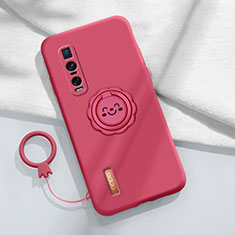 Ultra-thin Silicone Gel Soft Case Cover with Magnetic Finger Ring Stand T03 for Oppo Find X2 Pro Red Wine