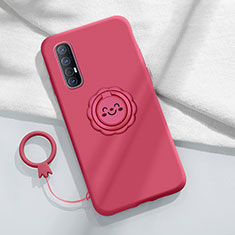 Ultra-thin Silicone Gel Soft Case Cover with Magnetic Finger Ring Stand T03 for Oppo Reno3 Pro Red Wine