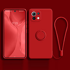 Ultra-thin Silicone Gel Soft Case Cover with Magnetic Finger Ring Stand T03 for Xiaomi Mi 11 Lite 4G Red