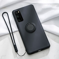 Ultra-thin Silicone Gel Soft Case Cover with Magnetic Finger Ring Stand T04 for Huawei Honor V30 5G Black