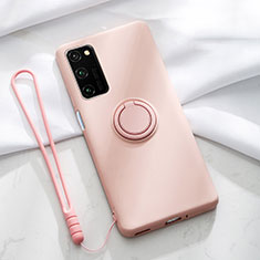 Ultra-thin Silicone Gel Soft Case Cover with Magnetic Finger Ring Stand T04 for Huawei Honor View 30 Pro 5G Pink