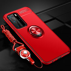 Ultra-thin Silicone Gel Soft Case Cover with Magnetic Finger Ring Stand T04 for Huawei P40 Pro Red