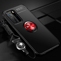 Ultra-thin Silicone Gel Soft Case Cover with Magnetic Finger Ring Stand T04 for Huawei P40 Pro Red and Black