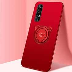 Ultra-thin Silicone Gel Soft Case Cover with Magnetic Finger Ring Stand T04 for Oppo Reno3 Pro Red