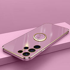 Ultra-thin Silicone Gel Soft Case Cover with Magnetic Finger Ring Stand T04 for Samsung Galaxy S21 Ultra 5G Purple
