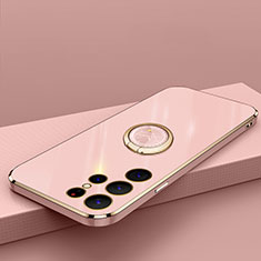 Ultra-thin Silicone Gel Soft Case Cover with Magnetic Finger Ring Stand T04 for Samsung Galaxy S21 Ultra 5G Rose Gold