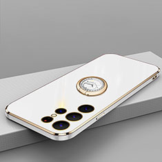Ultra-thin Silicone Gel Soft Case Cover with Magnetic Finger Ring Stand T04 for Samsung Galaxy S22 Ultra 5G White