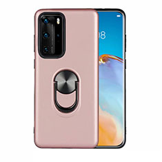 Ultra-thin Silicone Gel Soft Case Cover with Magnetic Finger Ring Stand T05 for Huawei P40 Pro Rose Gold