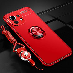 Ultra-thin Silicone Gel Soft Case Cover with Magnetic Finger Ring Stand T05 for Xiaomi Mi 11 Lite 5G NE Red