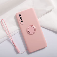 Ultra-thin Silicone Gel Soft Case Cover with Magnetic Finger Ring Stand T06 for Oppo Find X2 Pro Pink