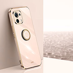 Ultra-thin Silicone Gel Soft Case Cover with Magnetic Finger Ring Stand T07 for Xiaomi Mi 11 Lite 4G Gold