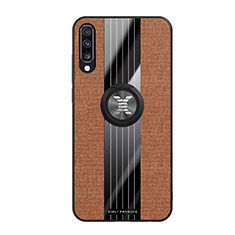 Ultra-thin Silicone Gel Soft Case Cover with Magnetic Finger Ring Stand X02L for Samsung Galaxy A70 Brown