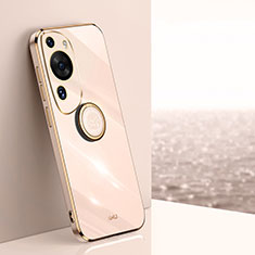 Ultra-thin Silicone Gel Soft Case Cover with Magnetic Finger Ring Stand XL1 for Huawei P60 Art Rose Gold