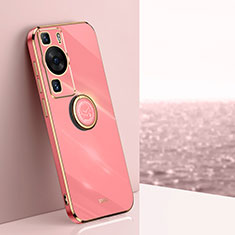 Ultra-thin Silicone Gel Soft Case Cover with Magnetic Finger Ring Stand XL1 for Huawei P60 Pro Hot Pink