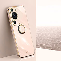 Ultra-thin Silicone Gel Soft Case Cover with Magnetic Finger Ring Stand XL1 for Huawei P60 Pro Rose Gold